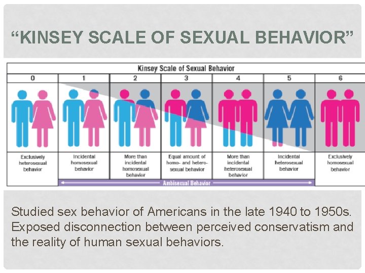 “KINSEY SCALE OF SEXUAL BEHAVIOR” Studied sex behavior of Americans in the late 1940