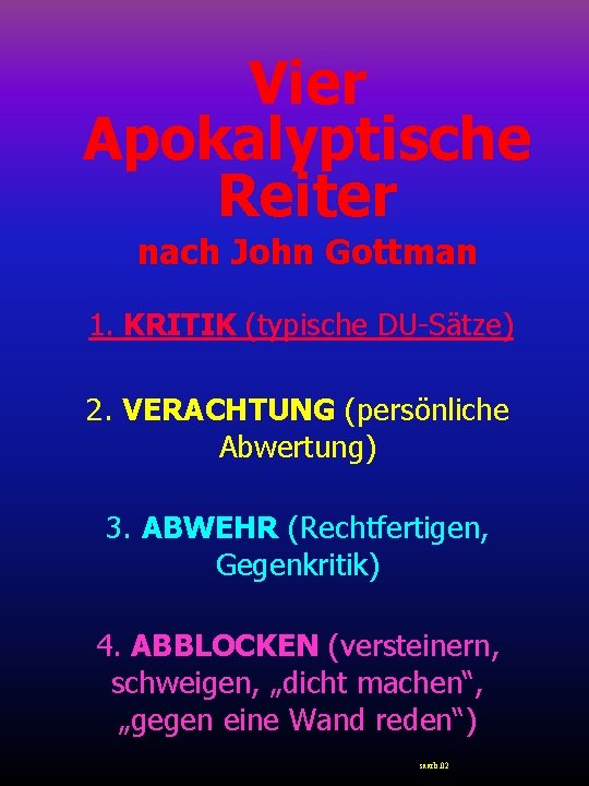 Vier Apokalyptische Reiter nach John Gottman 1. KRITIK (typische DU-Sätze) 2. VERACHTUNG (persönliche Abwertung)