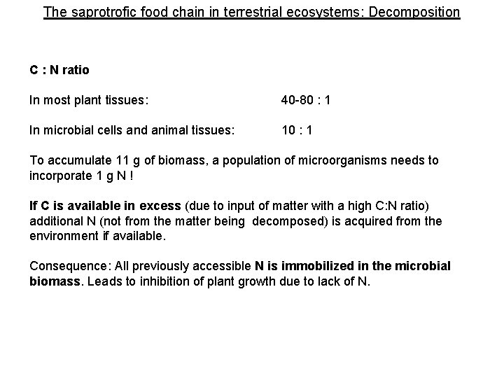 The saprotrofic food chain in terrestrial ecosystems: Decomposition C : N ratio In most