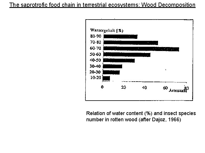 The saprotrofic food chain in terrestrial ecosystems: Wood Decomposition Relation of water content (%)