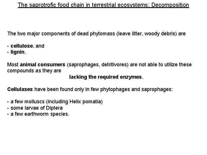 The saprotrofic food chain in terrestrial ecosystems: Decomposition The two major components of dead