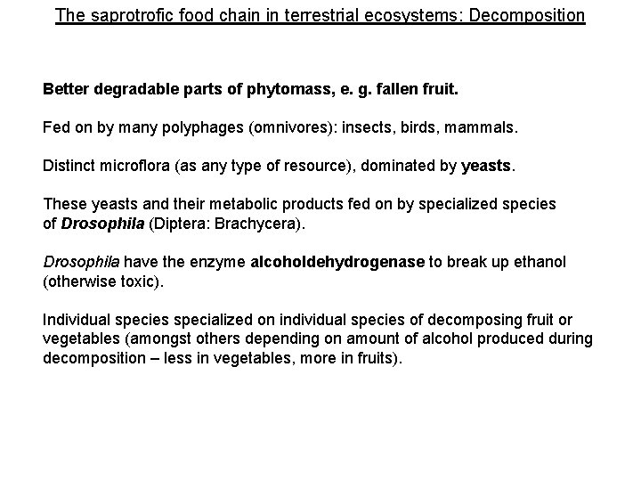 The saprotrofic food chain in terrestrial ecosystems: Decomposition Better degradable parts of phytomass, e.