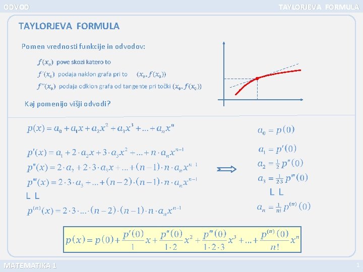 ODVOD TAYLORJEVA FORMULA Pomen vrednosti funkcije in odvodov: Kaj pomenijo višji odvodi? MATEMATIKA 1