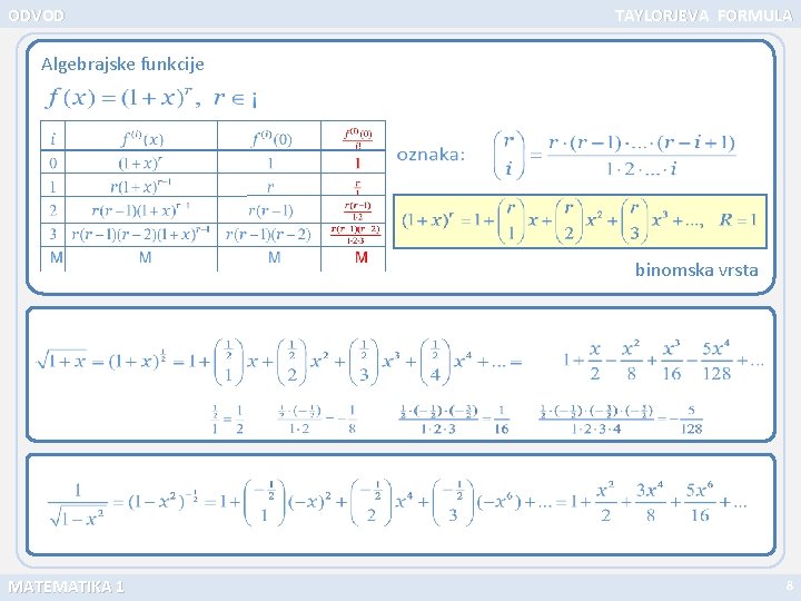 ODVOD TAYLORJEVA FORMULA Algebrajske funkcije binomska vrsta MATEMATIKA 1 8 