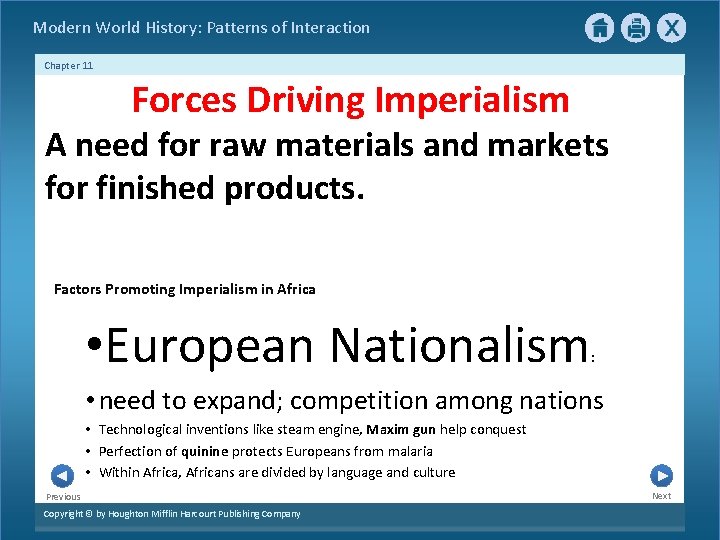 Modern World History: Patterns of Interaction Chapter 11 Forces Driving Imperialism A need for