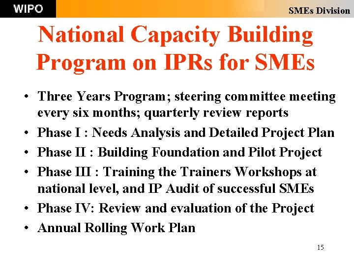 SMEs Division National Capacity Building Program on IPRs for SMEs • Three Years Program; SMEs Division National Capacity Building Program on IPRs for SMEs • Three Years Program;