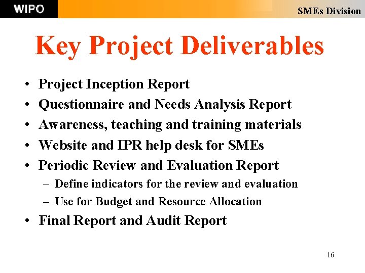 SMEs Division Key Project Deliverables • • • Project Inception Report Questionnaire and Needs SMEs Division Key Project Deliverables • • • Project Inception Report Questionnaire and Needs
