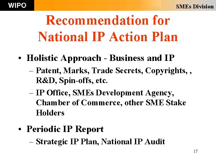 SMEs Division Recommendation for National IP Action Plan • Holistic Approach - Business and SMEs Division Recommendation for National IP Action Plan • Holistic Approach - Business and