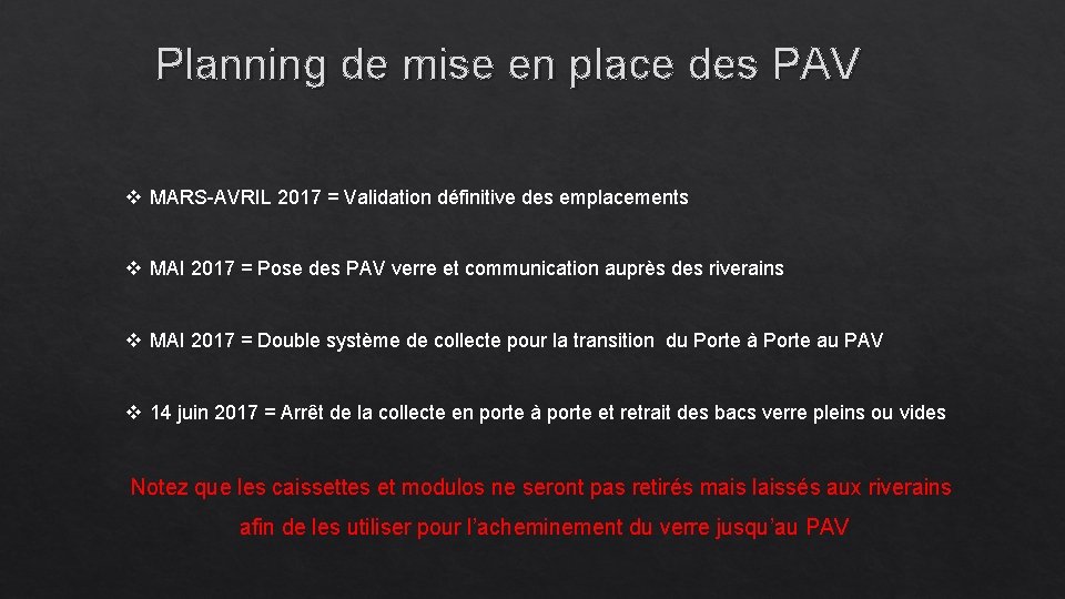 Planning de mise en place des PAV v MARS-AVRIL 2017 = Validation définitive des