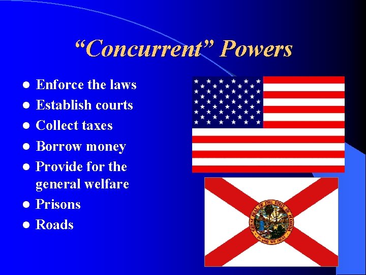 “Concurrent” Powers l l l l Enforce the laws Establish courts Collect taxes Borrow