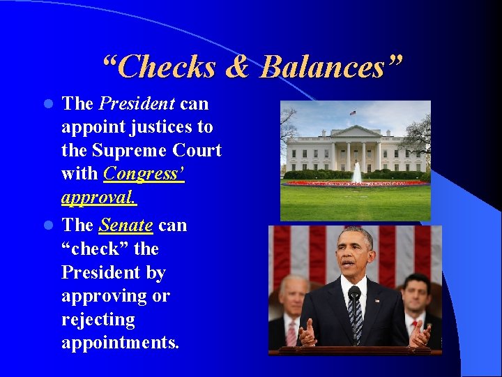“Checks & Balances” The President can appoint justices to the Supreme Court with Congress’