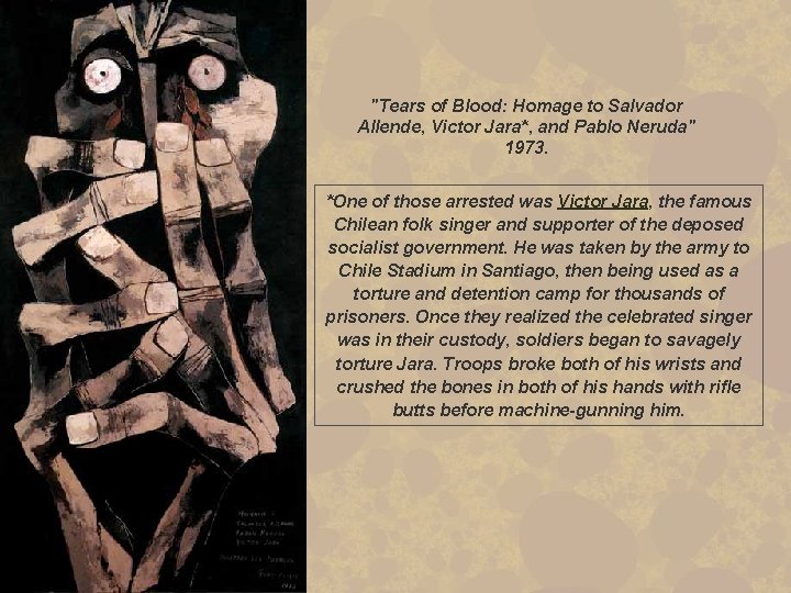 "Tears of Blood: Homage to Salvador Allende, Victor Jara*, and Pablo Neruda" 1973. *One