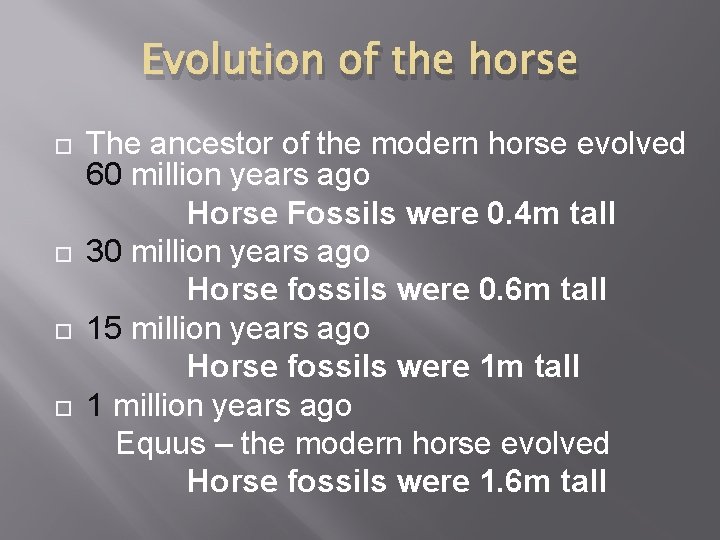 Evolution of the horse The ancestor of the modern horse evolved 60 million years Evolution of the horse The ancestor of the modern horse evolved 60 million years