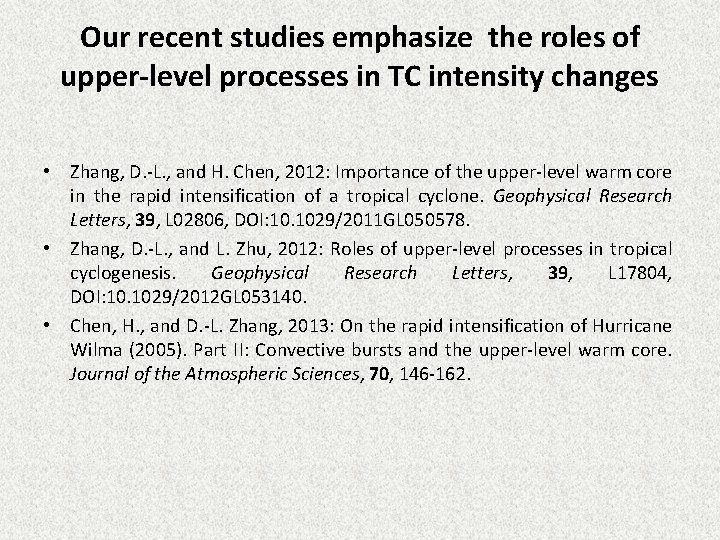 Our recent studies emphasize the roles of upper-level processes in TC intensity changes •