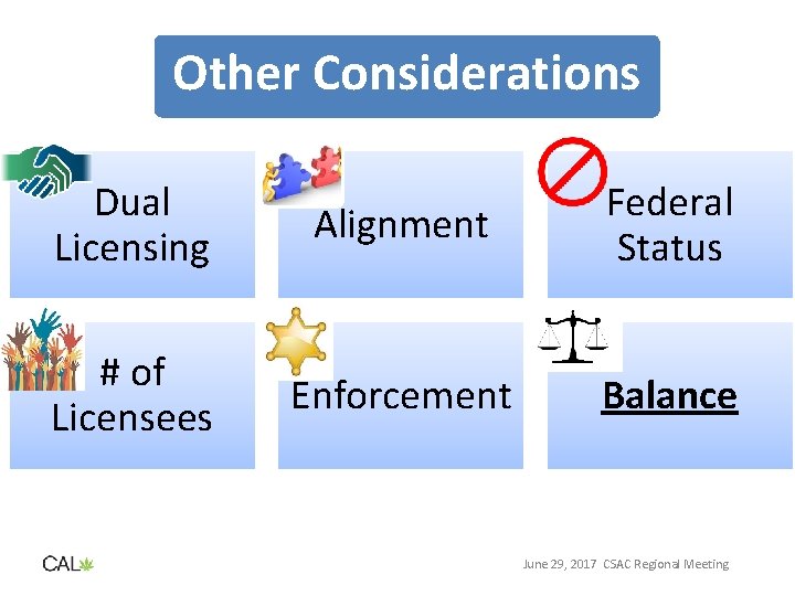 Other Considerations Dual Licensing Alignment Federal Status # of Licensees Enforcement Balance June 29,