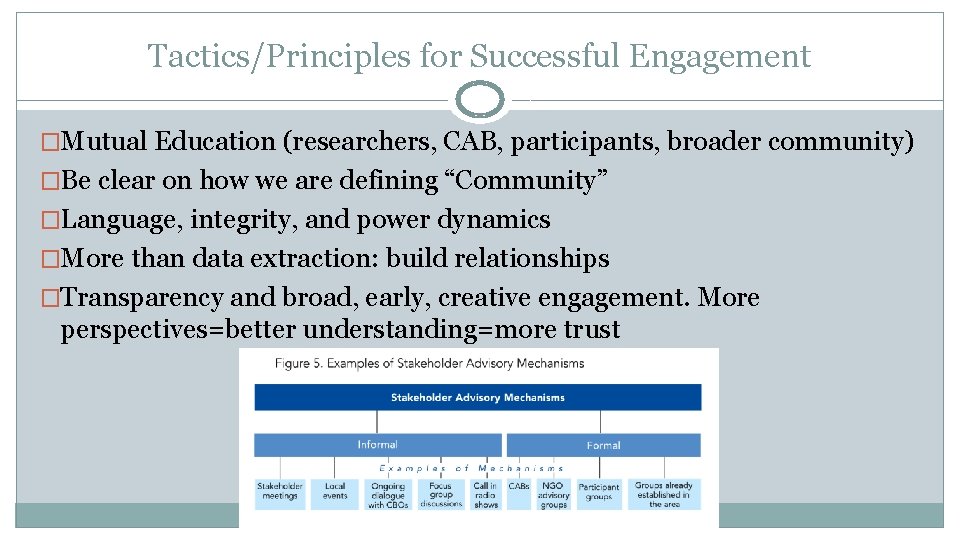 Tactics/Principles for Successful Engagement �Mutual Education (researchers, CAB, participants, broader community) �Be clear on