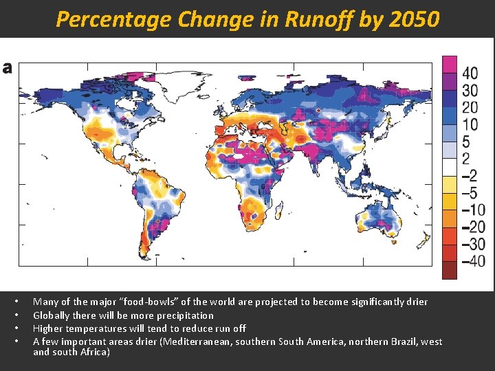 Percentage Change in Runoff by 2050 • • Many of the major “food-bowls” of