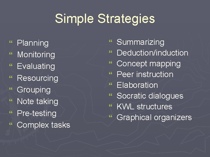 Simple Strategies } } } } Planning Monitoring Evaluating Resourcing Grouping Note taking Pre-testing