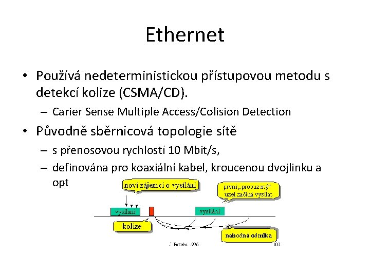 Ethernet • Používá nedeterministickou přístupovou metodu s detekcí kolize (CSMA/CD). – Carier Sense Multiple