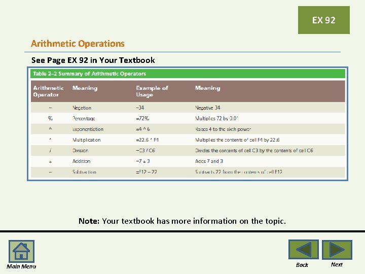 EX 92 Arithmetic Operations See Page EX 92 in Your Textbook Note: Your textbook