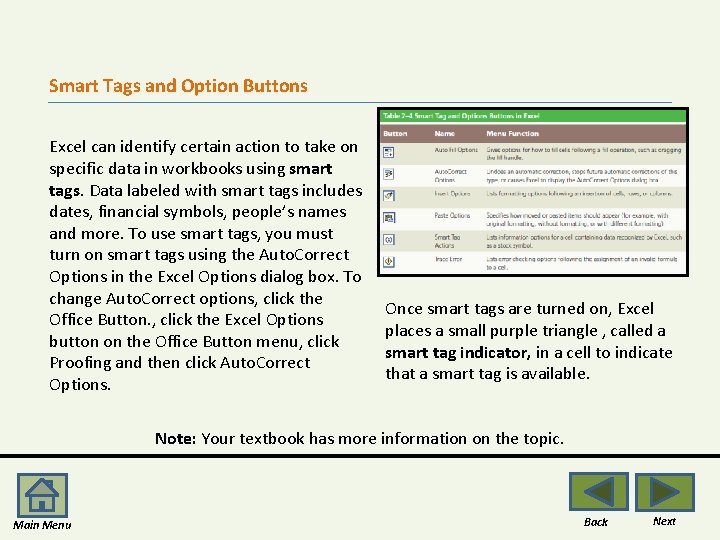 Smart Tags and Option Buttons Excel can identify certain action to take on specific