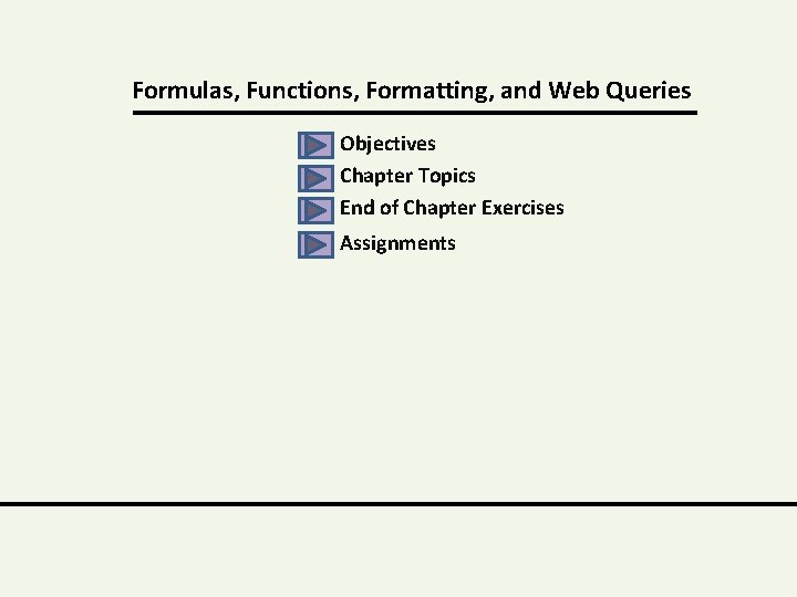 Formulas, Functions, Formatting, and Web Queries Objectives Chapter Topics End of Chapter Exercises Assignments