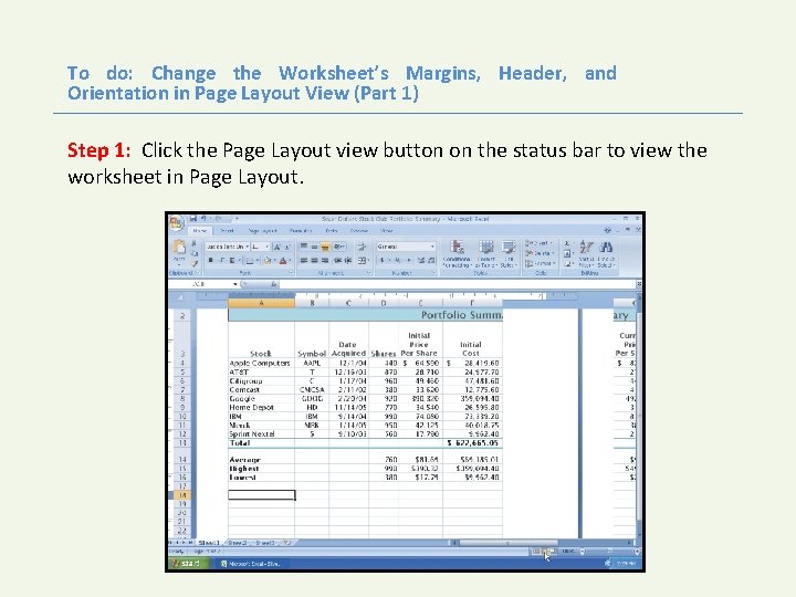 To do: Change the Worksheet’s Margins, Header, and Orientation in Page Layout View (Part