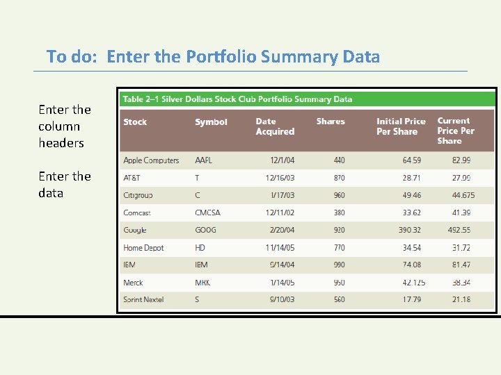 To do: Enter the Portfolio Summary Data Enter the column headers Enter the data