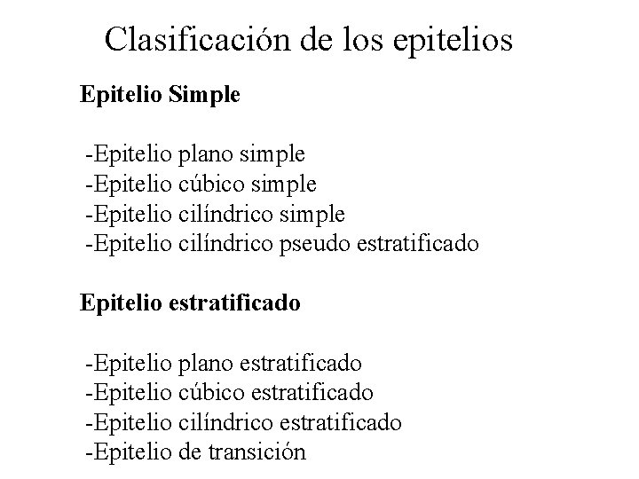 Clasificación de los epitelios Epitelio Simple -Epitelio plano simple -Epitelio cúbico simple -Epitelio cilíndrico