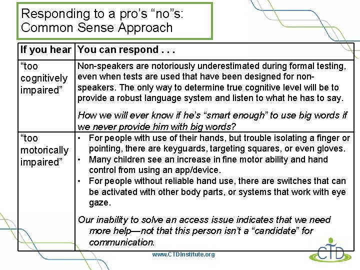 Responding to a pro’s “no”s: Common Sense Approach If you hear You can respond.