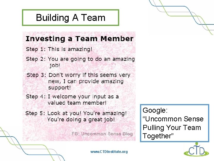 Building A Team Google: “Uncommon Sense Pulling Your Team Together” www. CTDInstitute. org 