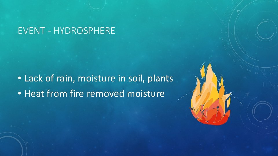 EVENT - HYDROSPHERE • Lack of rain, moisture in soil, plants • Heat from