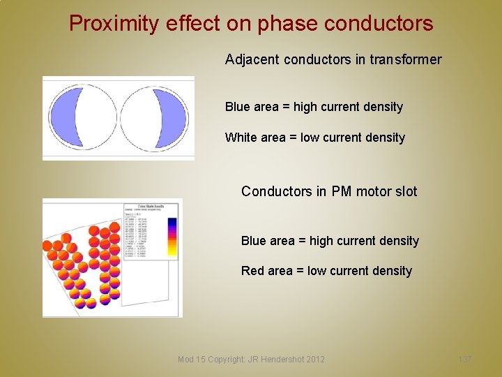 Proximity effect on phase conductors Adjacent conductors in transformer Blue area = high current