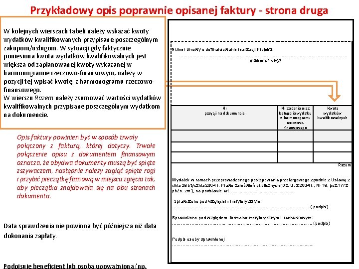 Przykładowy opis poprawnie opisanej faktury - strona druga W kolejnych wierszach tabeli należy wskazać