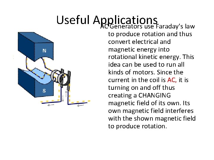 Useful Applications AC Generators use Faraday’s law to produce rotation and thus convert electrical