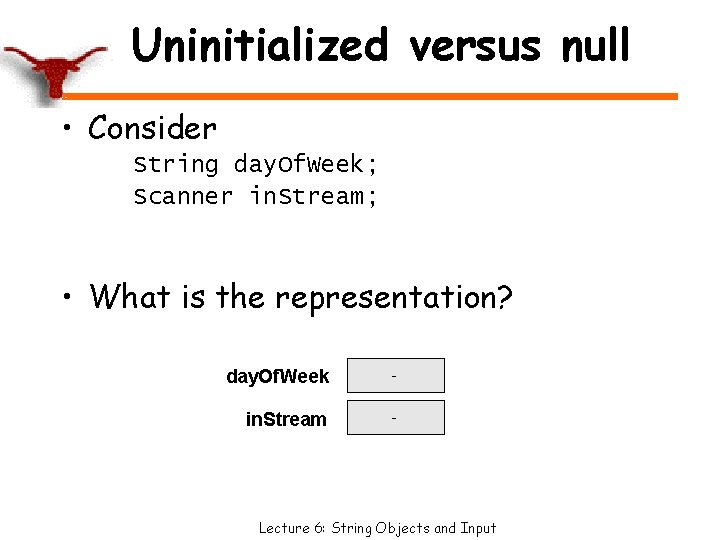 Uninitialized versus null • Consider String day. Of. Week; Scanner in. Stream; • What