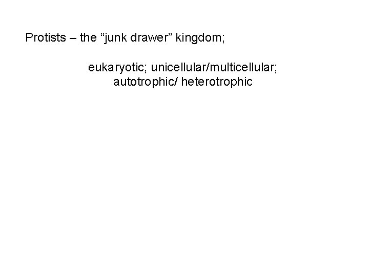 Protists – the “junk drawer” kingdom; eukaryotic; unicellular/multicellular; autotrophic/ heterotrophic Protists – the “junk drawer” kingdom; eukaryotic; unicellular/multicellular; autotrophic/ heterotrophic