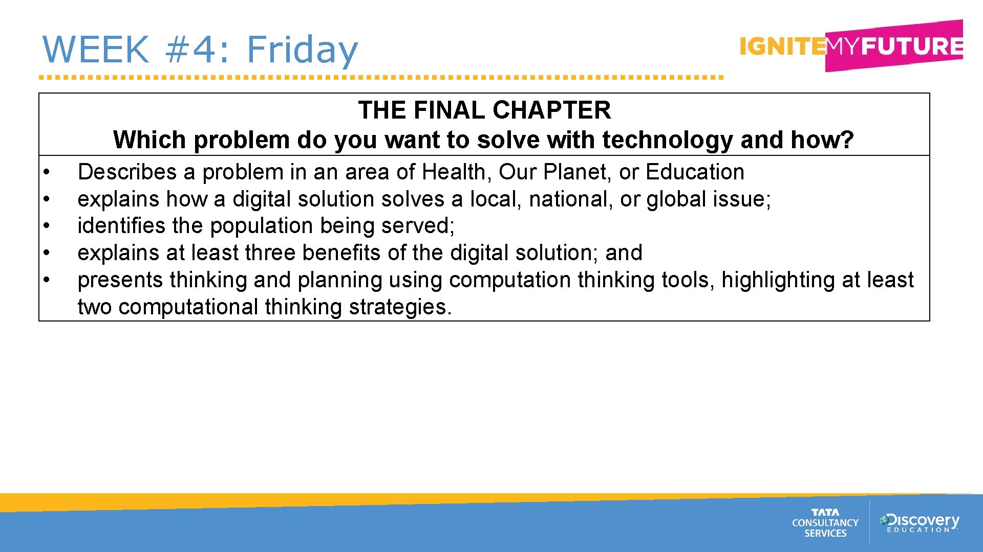 WEEK #4: Friday THE FINAL CHAPTER Which problem do you want to solve with