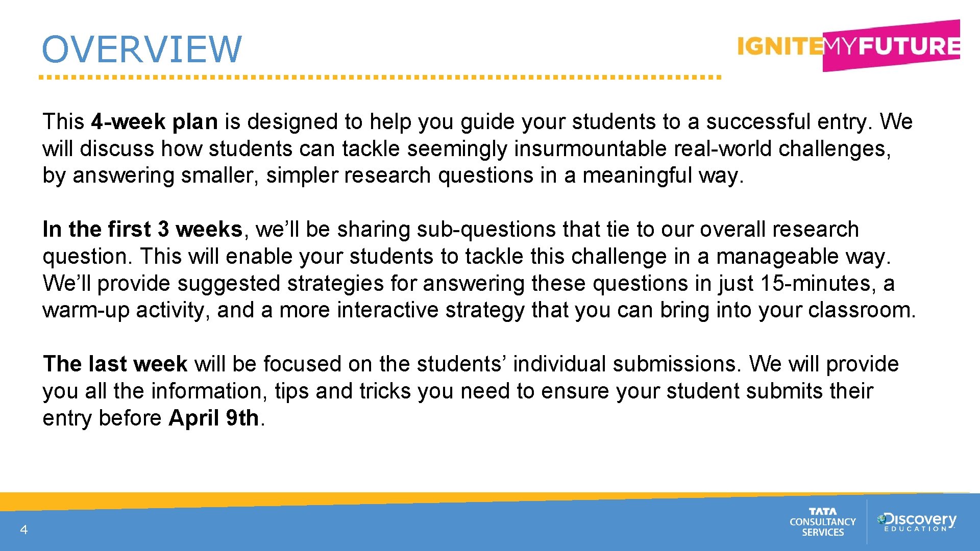 OVERVIEW This 4 -week plan is designed to help you guide your students to