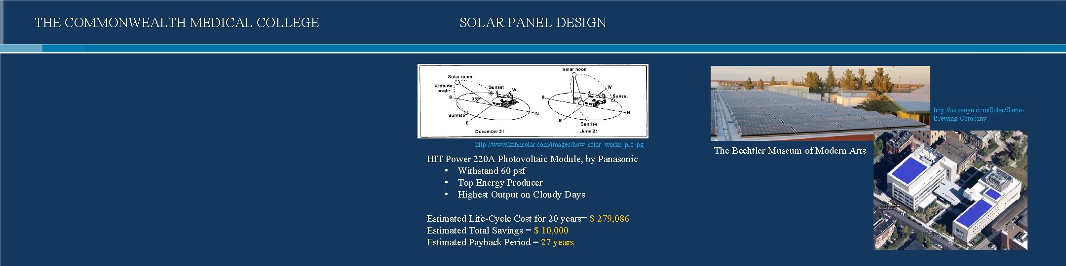 THE COMMONWEALTH MEDICAL COLLEGE SOLAR PANEL DESIGN http: //us. sanyo. com/Solar/Stone. Brewing-Company http: //www.