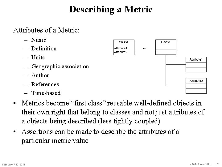 Describing a Metric Attributes of a Metric: – – – – Name Definition Units