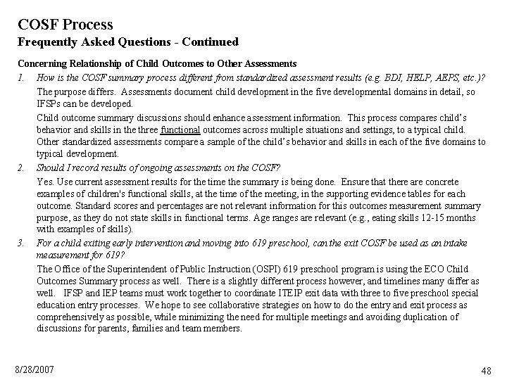 COSF Process Frequently Asked Questions - Continued Concerning Relationship of Child Outcomes to Other