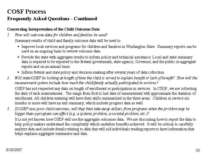 COSF Process Frequently Asked Questions - Continued Concerning Interpretation of the Child Outcome Data