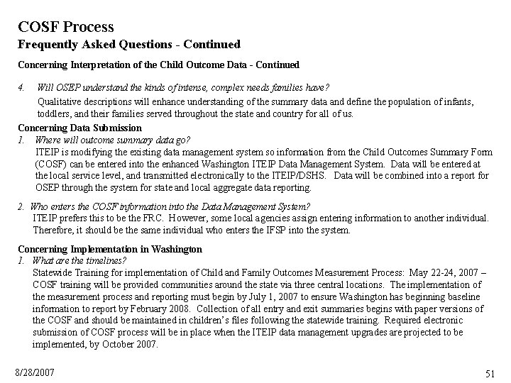 COSF Process Frequently Asked Questions - Continued Concerning Interpretation of the Child Outcome Data
