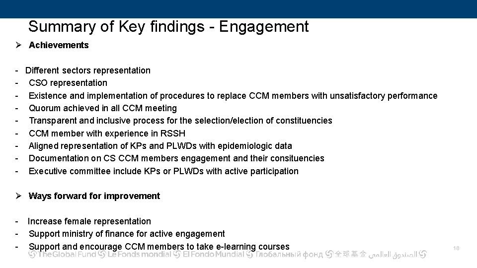 Summary of Key findings - Engagement Ø Achievements - Different sectors representation - CSO