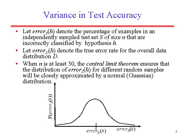 Variance in Test Accuracy P(error. S(h)) • Let error. S(h) denote the percentage of