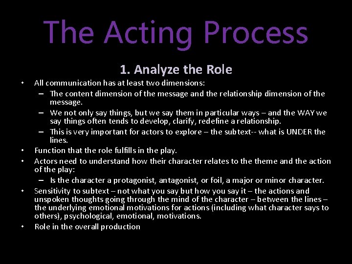 The Acting Process • • • 1. Analyze the Role All communication has at
