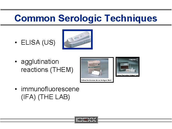 Common Serologic Techniques • ELISA (US) • agglutination reactions (THEM) • immunofluorescene (IFA) (THE