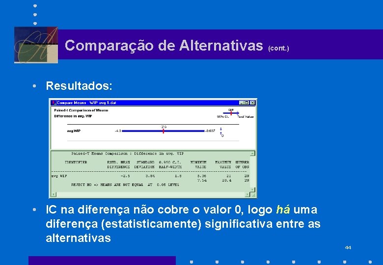 Comparação de Alternativas (cont. ) • Resultados: • IC na diferença não cobre o