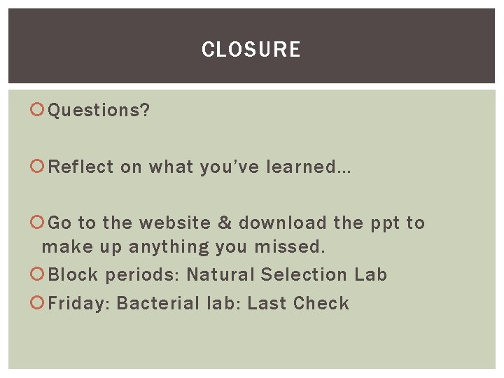 CLOSURE Questions? Reflect on what you’ve learned… Go to the website & download the